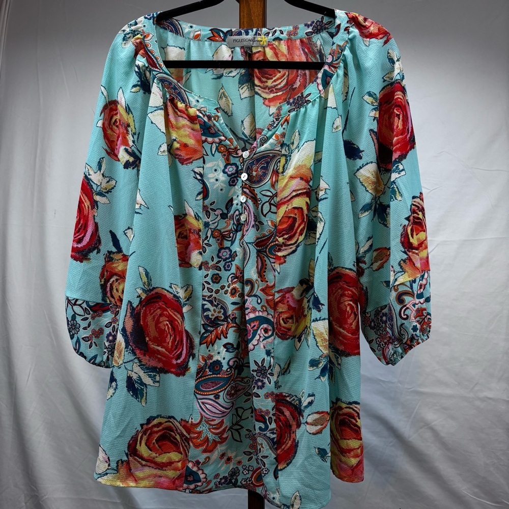 Figueroa & Flower Top Women Plus 2X Floral Paisley Flowy Boho Blouse Cottagecore